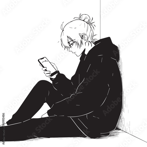 Anime style young man sitting, looking at phone, monochrome illustration, vector graphic