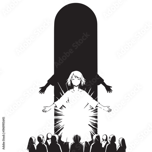 Black and white vector illustration, woman standing out from crowd, individuality concept, silhouette art