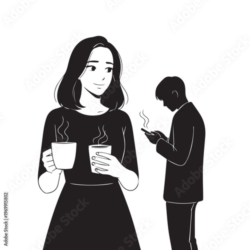 Black and white illustration, woman holding coffee cups, man on phone, modern minimalist style, lifestyle vector graphics