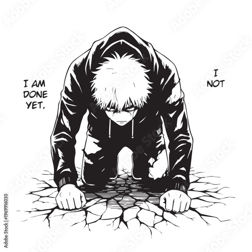 Black and white manga style illustration, young man crawling on cracked ground, motivational phrases, I AM DONE YET, I NOT