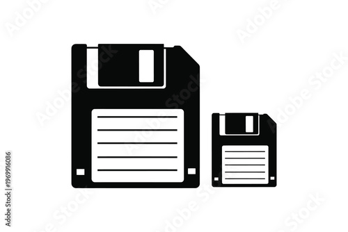 Vintage 3.5 inch floppy disk and a smaller 1.44 MB floppy diskette isolated on white background, retro technology storage media