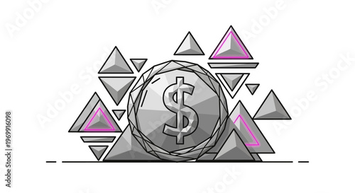 Geometric Dollar Coin Surrounded by Abstract Shapes and Triangles, Financial Success Concept
