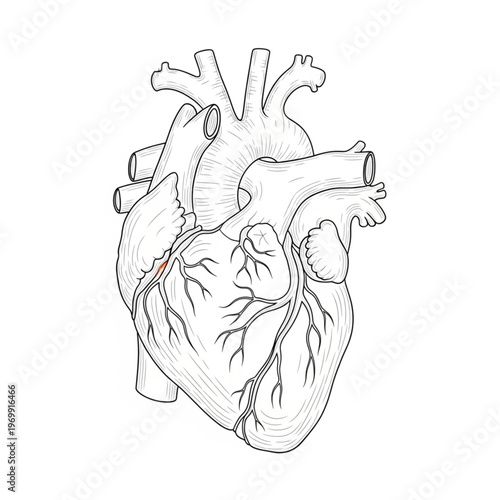Detailed anatomical illustration of a human heart, showcasing its intricate structure and design.