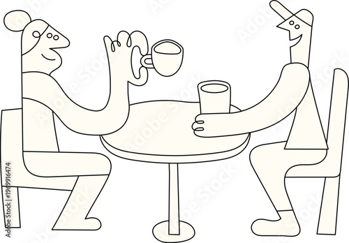 Doodle characters sitting at café table and drinking coffee