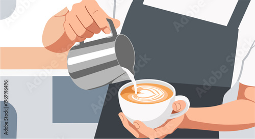 Barista pouring latte art, simplified vector style, smooth shapes, modern flat design, World Coffee Day