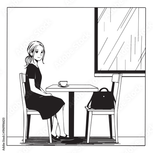 Woman sitting alone at cafe table, black and white illustration, coffee cup, minimalist interior