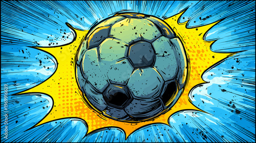 A stylized comic illustration of a soccer ball at the center of an explosion with blue and yellow hues