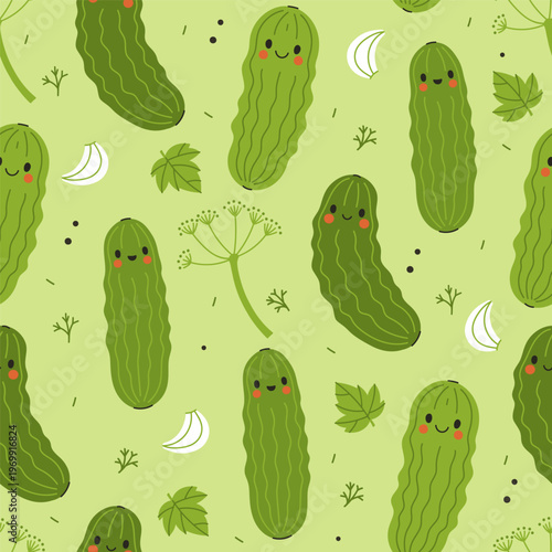 A simple seamless pattern with funny pickled cucumbers in brine. Vector graphics.