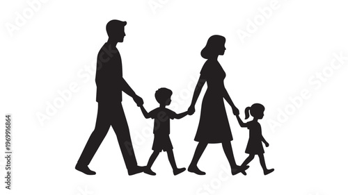 Silhouette of a Happy Young Family with Two Children Walking Together in a Row