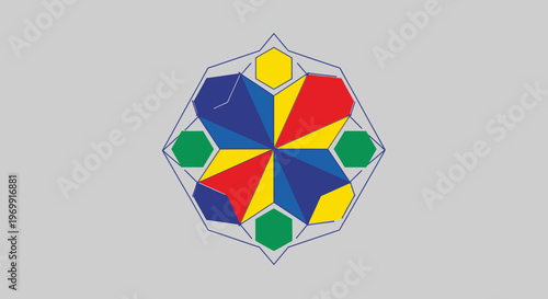 Geometric Mandala Pattern, Abstract Colorful Design, Symmetry, Hexagon and Diamond Shapes