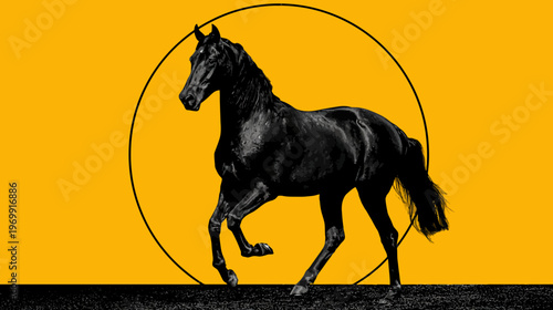 A digitally stylized black horse in a dynamic pose within a circular frame against a yellow background