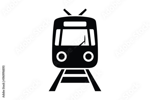 Minimalist black and white icon of a modern electric train on tracks, symbolizing efficient and eco-friendly transportation.