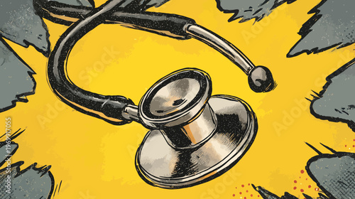 A stylized illustration depicting a medical instrument on a vibrant yellow backdrop with distressed textures