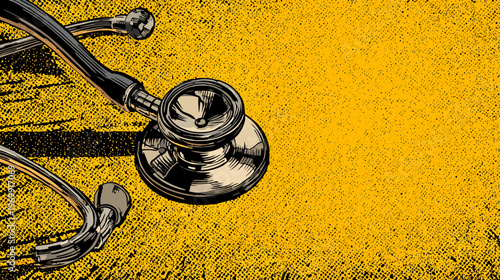 A medical stethoscope in an artistic, comic-book-inspired style on a speckled yellow background