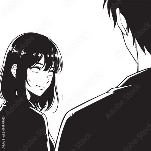 Anime style illustration, manga characters, black and white, young woman and man, minimalistic design, vector graphics
