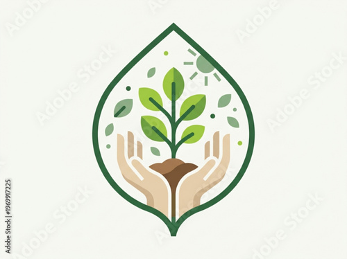 Nurturing hand cupped around a vibrant green seedling growing from rich soil within a stylized protective leaf shape symbolizing growth nature and environmental care