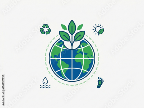 Earth with green leaves growing out of it surrounded by eco friendly symbols like recycling logo water droplet sun and footprint on white background