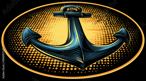 A stylized illustration of an anchor, set in an oval frame, against a patterned golden backdrop