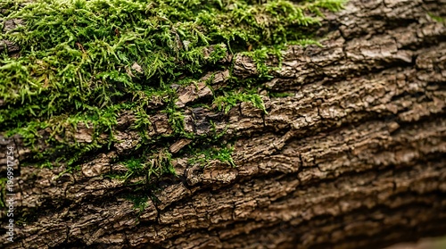 Closeup of green moss growing on rough textured tree bark in forest environment  natural outdoor scene