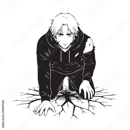 Depressed teenager, sad young man, black and white illustration, emotional vector, monochrome design element