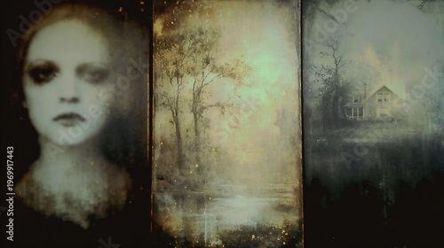 Dark retro haunted aesthetic featuring an eerie vintage ghost like woman. With grunge texture and copy space