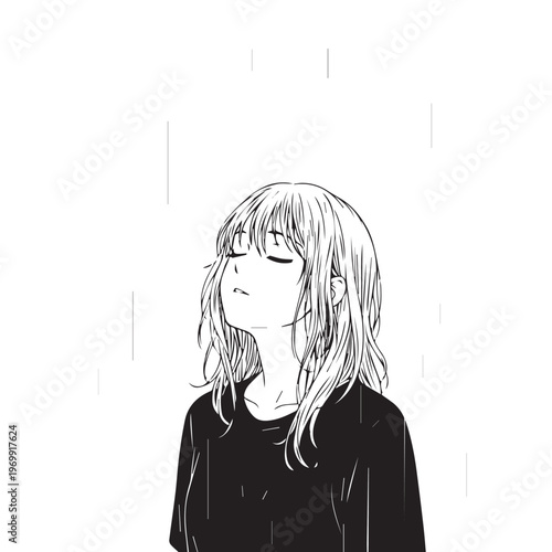 Anime girl, manga style, black and white, rain, melancholic expression, vector illustration