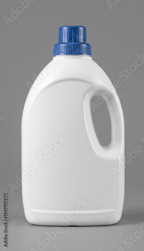 Large white plastic detergent bottle with a blue cap and handle isolated on gray background