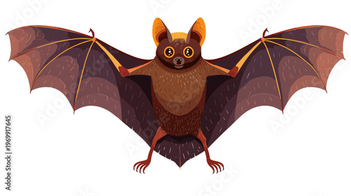 A detailed illustration of a bat with outstretched wings, showcasing its brown and orange tones
