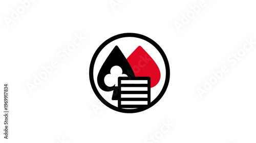 A circular emblem with playing card suits and a deck of cards, in black and red