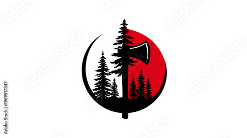 A monochrome emblem features pine trees and an axe inside a stylized circular frame with a red backdrop