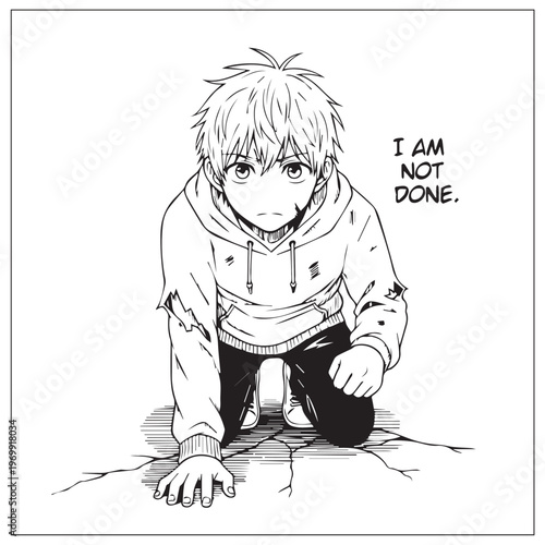 Anime boy, manga style, kneeling, determined expression, motivational quote