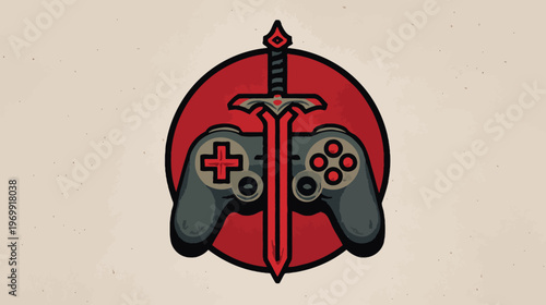 A stylized illustration depicting a sword piercing a gamepad against a red circle background