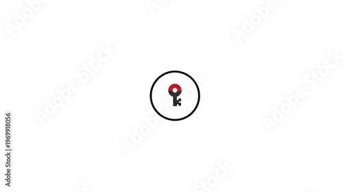 A simple design, featuring a circular icon with a key in it, set against a blank white backdrop