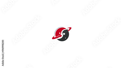 A stylized yin-yang design incorporating a planet-like shape with red ring and two hemispheres