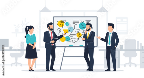 Business people in formal wear discussing on colorful presentation board in modern office for corporate