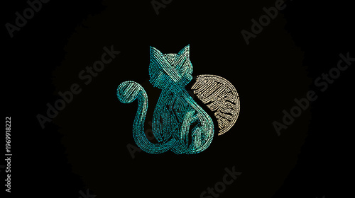 A cat figure is constructed with dots of various shades on a black background, a tail