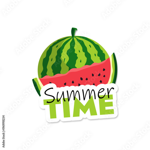 Summer Time Sticker with Whole Watermelon and Cut Slice Vector Illustration