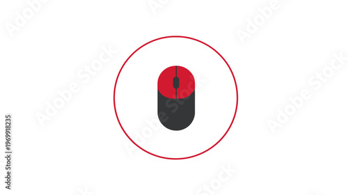 A computer mouse icon, black and red, centered in a red circle, isolated on a white background