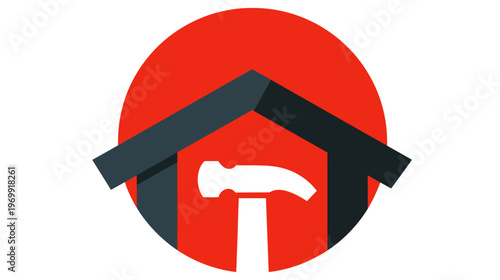 A construction-themed logo featuring a hammer within a house shape, all set against a red circle