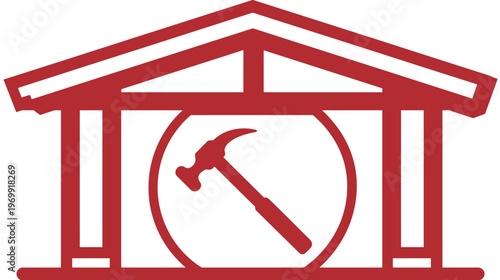 A red stylized graphic of a building facade housing a circle with a hammer inside, representing construction