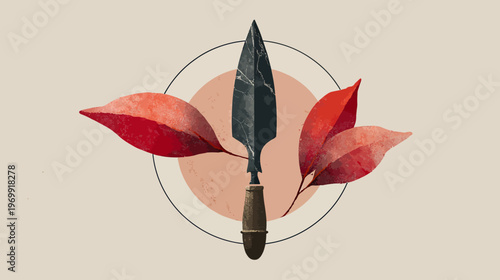 Stylized spear with red leaves and circle, set against a neutral, speckled backdrop