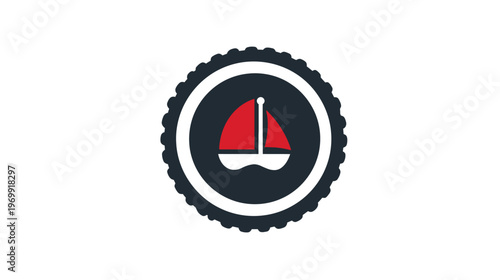 A nautical-themed badge featuring a red and white sailboat within a navy blue and white circular frame
