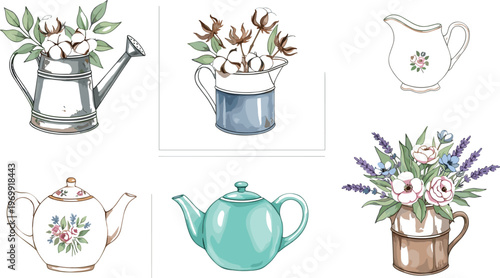Vintage Floral Teapot and Watering Can Illustration Set with Cotton, Roses and Botanical Bouquet Decorative Vector Collection