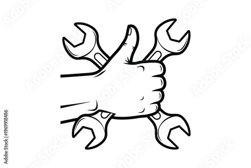Illustration of a thumbs-up hand emerging from four interlocked wrenches, symbolizing approval and mechanical expertise in a monochrome sketch.