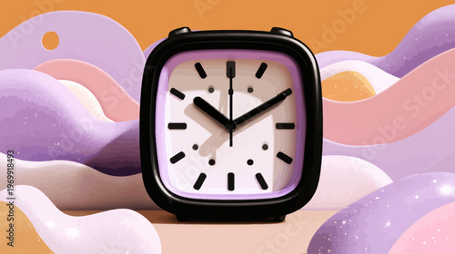 A stylized alarm clock with a black frame, hands showing ten past ten, set against wavy background