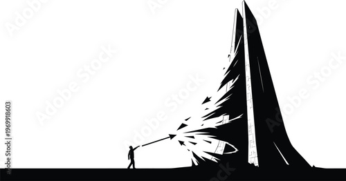 Businessman breaking barrier wall symbolizing challenge disruption power and overcoming limits 