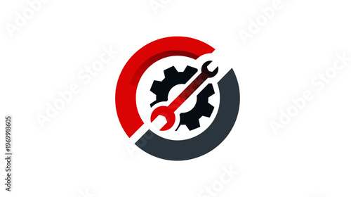 A stylized icon comprised of a wrench, gear, and segmented circle, utilizing a red, gray, and black palette