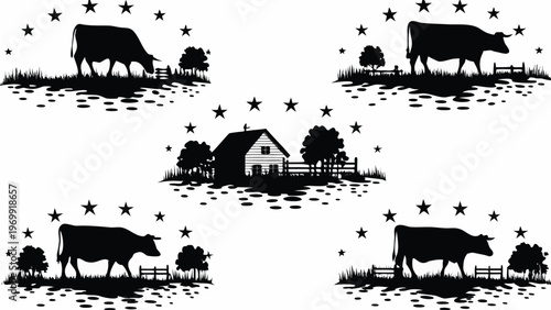 A black and white vector graphic illustration of a rural farm scene with cows, a house, and stars