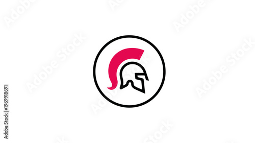 A minimalistic illustration of a helmet inside a circle with a splash of red