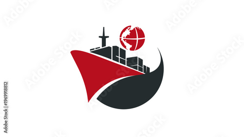 Stylized emblem of cargo ship with a red sail and container silhouette, globe above